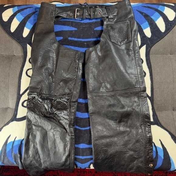 Vtg Silver Bike Black Leather Chaps Large